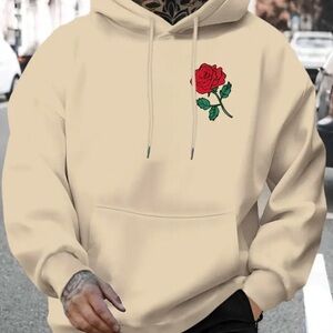 SHEIN Cream Hoodie with Red Rose Detail